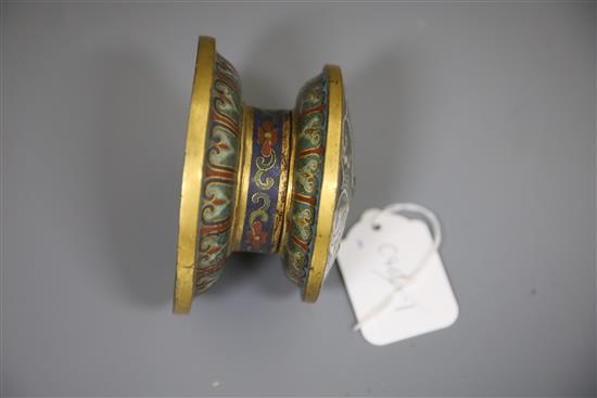 A Chinese gilt bronze and cloisonne enamel stand, late Ming dynasty, Diam.10cm, with holes in the top for a Buddhist emblem?